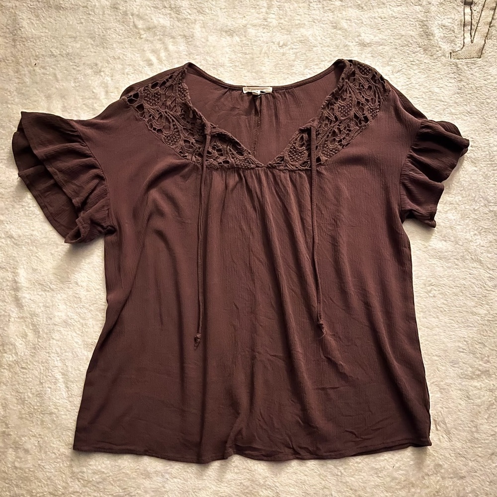 Mocha colored blouse with flared sleeves